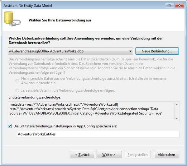 Bestimmen Sie in diesem Schritt die Entitätsverbindungszeichenfolge sowie wie und ob diese Verbindungszeichenfolge hinterlegt werden soll