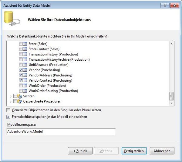 In diesem Schritt wählen Sie aus, welche Objekte als Grundlage für die Erstellung der Schema- und Mappingdateien dienen sollen