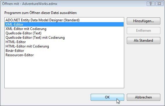 Falls der Entitäts-Designer einmal streiken sollte oder Dummheiten macht, schließen Sie das EDM in der Designansicht und öffnen Sie die edmx-Datei, die konzeptionelles Modell, Speichermodell und Mapping enthält, mit dem XML-Editor