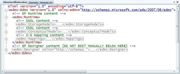 Konzeptionelles Modell, Speichermodell und Mapping können Sie im Bedarfsfall auch als XML einsehen und bearbeiten. Bitte nehmen Sie keine Änderungen unterhalb des Abschnittes EF Designer content vor!