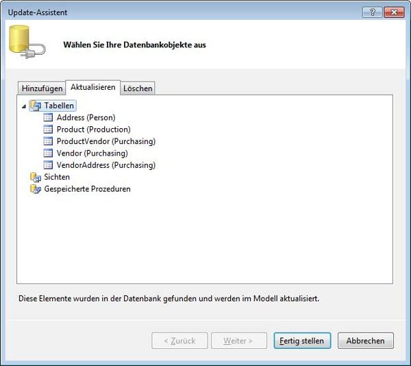 Beim Aktualisieren des Datenmodells können Sie neue Tabellen, Sichten oder gespeicherte Prozeduren hinzufügen. Zudem werden Sie darüber informiert, welche Objekte aktualisiert werden und welche gelöscht werden, da sie in der Datenbank nicht mehr vorhanden sind