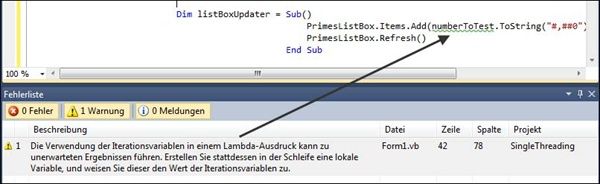 Verwenden Sie in einem Lambda-Ausdruck, der sich innerhalb einer Schleife befindet, nach Möglichkeit keine Iterationsvariable, da das Lambda unter Umständen auch nach Abschluss der Schleife ausgeführt werden kann, und der Iterationswert dann falsch ist