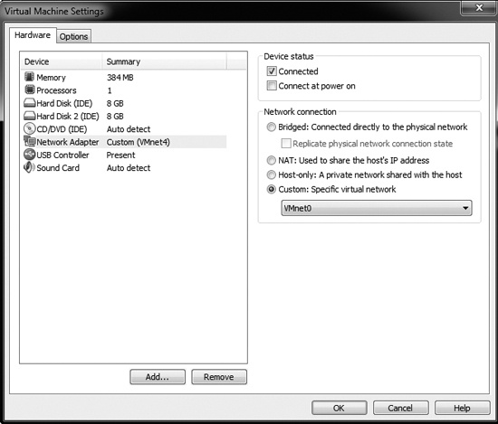 Virtual network configuration options for a network adapter