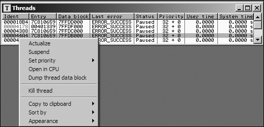 Threads window showing five paused threads and the context menu for an individual thread