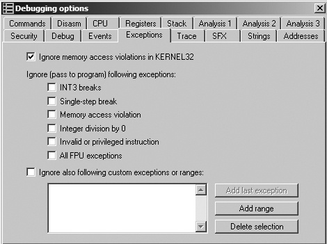 Ollydbg exception processing options