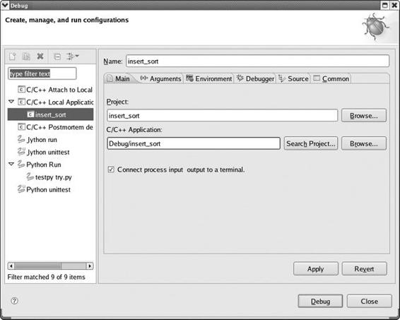 Debug configuration dialog