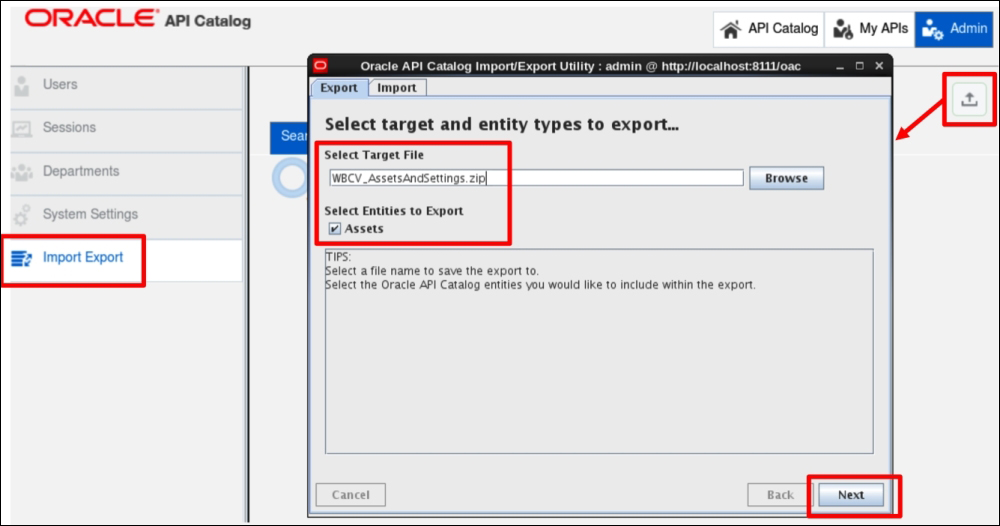 Exporting assets using the Import/Export utility