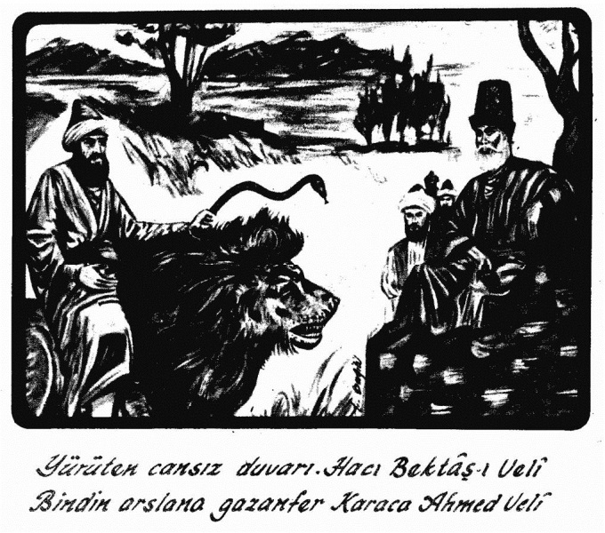 Hacı Bektaş duvarın üzerinde, kendisine meydan okuyan, aslana binen ve yılanı kırbaç gibi sallayan kişiyi (Karaca Ahmed mi?) karşılıyor. Arkaplanda her ikisinin de müritleri olup biteni izliyor