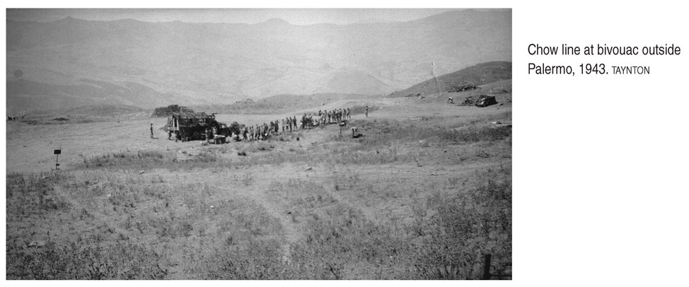 Chow line at bivouac outside Palermo, 1943. TAYNTON