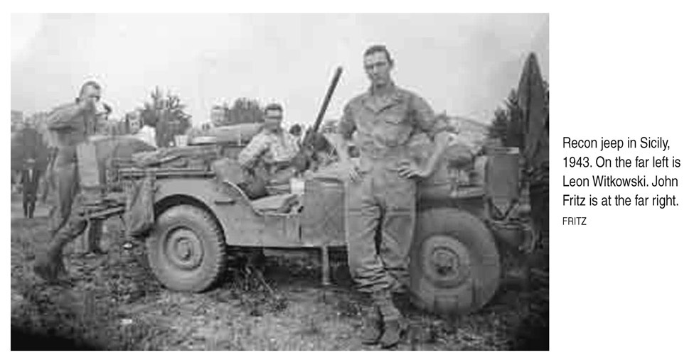 Recon jeep in Sicily, 1943. On the far left is Leon Witkowski. John Fritz is at the far right. FRITZ