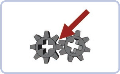 Backlash, in the form of a gap between the teeth of two mating gears, is particularly large for 8-tooth gears.