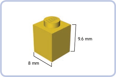 A 1×1 brick is 8 mm wide and 9.6 mm tall.