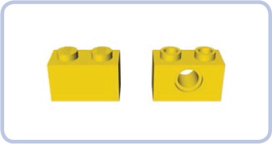 A regular 1×2 brick (left) has solid studs and sides, while a Technic 1×2 brick (right) has hollow studs and a center hole.