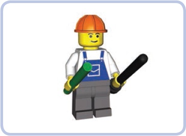 A LEGO minifigure holds a bar (green) and an antenna (black) in its hands.