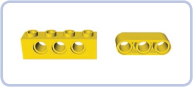 A 1×4 Technic brick (left) and a 1×3 Technic beam (right)