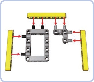 Only two types of pieces (light grey) allow you to easily create rigid connections between perpendicular beams on the same level.