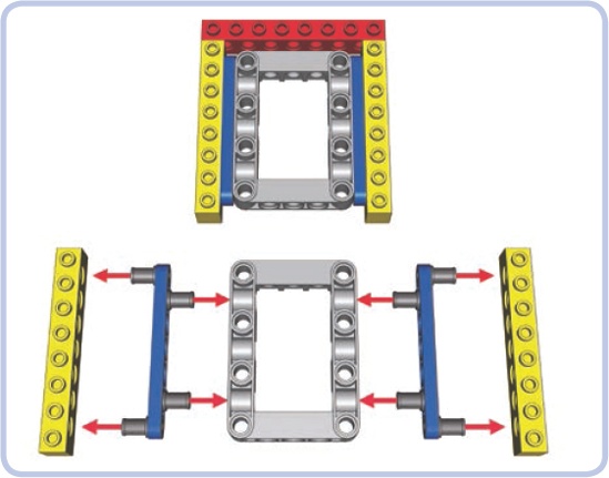 Half-stud-wide beams (blue) and three-quarter pins (dark grey) can be used to create a very firm connection between pieces of even and odd width.