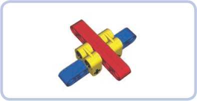 Connectors (yellow) used to align a 6-stud-long piece (red) to the center of a 1-stud-long piece (blue)