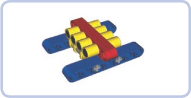 Connectors (yellow) used to align a 6-stud-long piece (red) to the center of a 5-stud-long structure (blue)