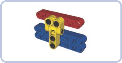 A combination of two connectors (yellow) used to align a 6-stud-long piece (red) to the center of a 7-stud-long structure (blue)