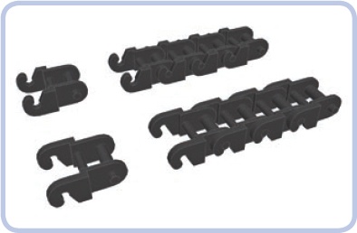 A single chain link and a section of four connected links, shown with slots facing upward and downward. In theory, the chain is less likely to come apart when its slots face the gear, but in practice, the difference is negligible.