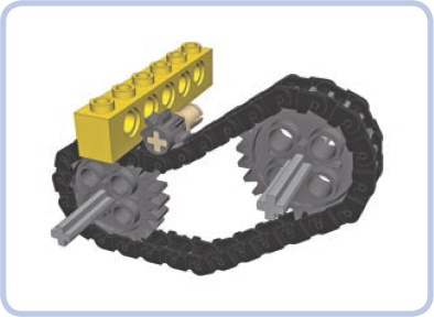 The 8-tooth gear also works with a chain but cannot drive it due to its small size. It can still be used as an idler gear, adapting the shape of the chain to the surrounding structure.