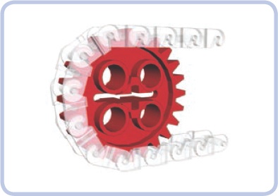 A close-up view of the chain wrapped around a gear shows that each link occupies two teeth. The section of the chain that has contact with the gear has no play in it, and its elasticity is minimized.