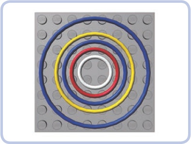 LEGO rubber bands come in five sizes, with diameters of 2, 3, 4, 5, and 7 studs. This figure also shows the most common color for each size.