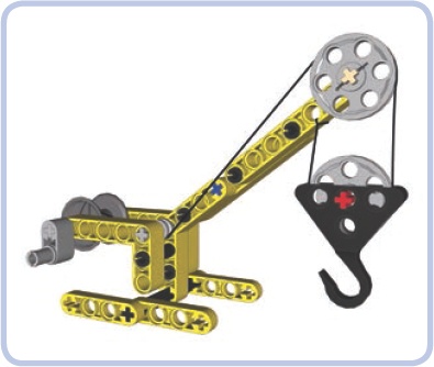 Our simple crane equipped with a pulley system. Two groups of pulleys are used, each consisting of a single pulley: The upper one stays on top of the crane, and the lower one moves up and down with the hook. This particular arrangement of string between the pulleys grants a mechanical advantage of 2.