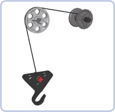 This arrangement has an upper group with a single pulley and no lower group. The string that comes off the pulley is tied directly to the hook. No pulley system is created, and no mechanical advantage is gained.