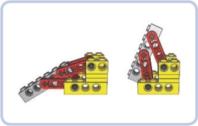 An outrigger mechanism from one of the LEGO mobile cranes uses levers that are not exactly parallel. The yellow part is the chassis, the levers are red, and the actual outrigger is grey.