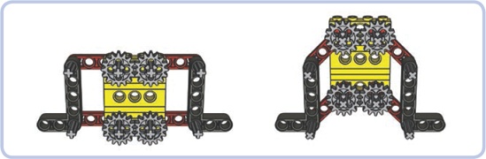 Two pairs of parallel levers connected by gears are installed on the element between them. The gears make the pairs rotate in opposite directions, moving the parts at both ends horizontally.