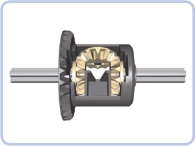 A ready-made LEGO differential, with the differential housing in dark grey, three inner gears in tan, and two output axles in light grey