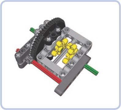 A custom differential made of a large Technic turntable connected to a studless frame. The input axle is shown in red, the output axles are shown in green, and the dark grey beams are parts of the chassis’s structure around the differential.