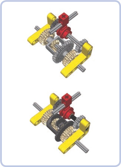 LEGO’s oldest (left) and newest (right) differentials can have locks made of four extra gears and a transmission driving ring, which locks the two outputs together, disabling the differential. With the latest variant, the lock is 1 stud narrower than on the first.