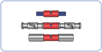 Two axle pins (blue) inserted into a pin joiner (red) are the core of the linear clutch (top). They can then be inserted between two axle joiners (middle) or two universal joints (bottom).