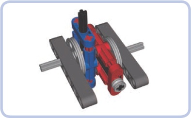 An oldham coupling consists of two identical attachments (blue and red) and an element that slides between them. This oldham coupling is only 3 studs long.