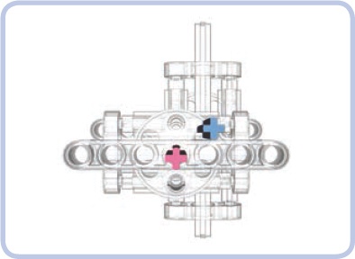 The maximum displacement between this Oldham coupling’s input and output is 1 stud horizontally and 1 stud vertically. The coupling can be expanded to allow greater displacement at the cost of increasing its diameter.