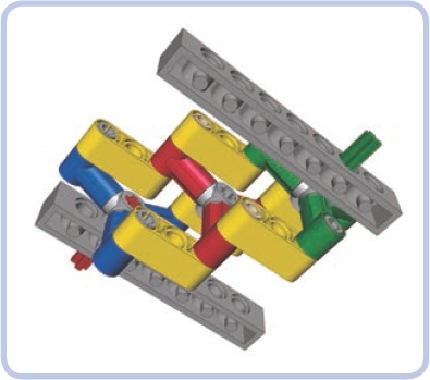 A Schmidt coupling with three triangles (in green, red, and blue) and six links (yellow). Note that the middle triangle (red) doesn’t need any support—it can even move as the coupling works.