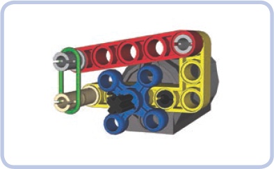 The knob on the motor’s output axle (blue) has a beam (red) fastened to it at all times by a rubber band (green). This makes a regular motor behave similarly to a stepper motor.