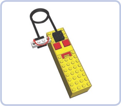 A 1×4-stud 9V brick with lights connected to a 9V battery box. By rotating the brick on the plug 180 degrees, we can switch between its lighting modes.