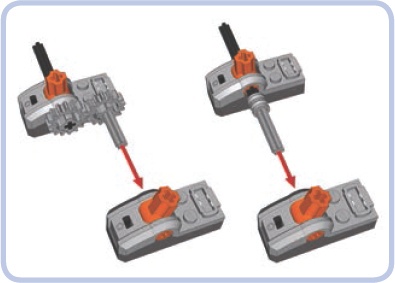 Hard-coupling two Power Functions switches with gears (left) and toothed half bushes (right). Note that the angle of axles coupled this way differs, preventing the two switches from being turned on or off simultaneously.