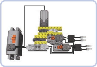 Electric connection scheme for the simpler mechanism variant. For a remote-controlled model, you should connect the master switch to the same IR receiver as the motor.