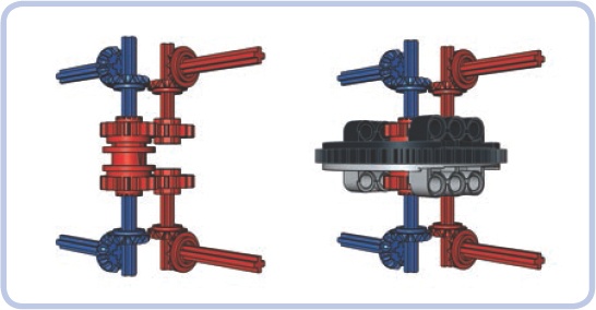 Scheme for transmitting drive through a turntable for two axles independently. Elements transmitting the drive are marked red and blue to show their independence. This variant uses a transmission driving ring to transmit drive over the blue axle that goes through the turntable’s center. Note that there is no axle joiner inside the driving ring, so it rotates freely on the axle.