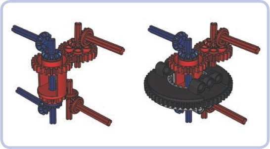 The same transmission system with an empty differential housing instead of a transmission driving ring. This variant is simpler but less practical because of the large 24-tooth gear on the housing.