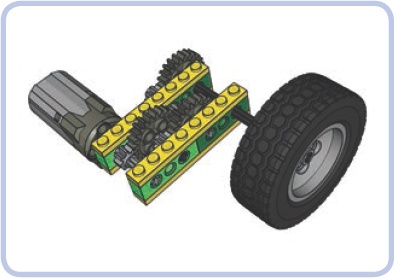 An example of a mechanism with a motor driving a wheel. The mechanism consists of six gears in three pairs on four axles, and it’s housed inside Technic bricks held together by plates.