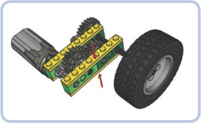 The critical connection in the mechanism from is marked by a red arrow here. This connection lies between two separate bricks and is held together merely by the clutching force of two 1×8 plates (yellow); therefore, it can be broken easily.