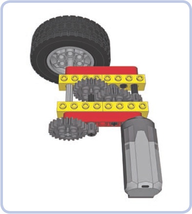 If vertical space is limited, horizontal beams (red) can sometimes be used. In this case, doing so requires using a few longer axles and moving the motor 1 stud away from the bricks. Note that in order to create a rigid connection, each of the bricks is attached to the beams at two points.