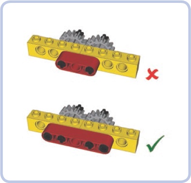 Beams that have only one point of attachment to adjacent bricks don’t create a rigid connection. At least two points of connection to each brick are needed.