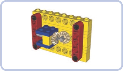 Perpendicular gears reinforced with bricks held together by beams. Note the use of 2×3 plates (blue) to hold the perpendicular brick.